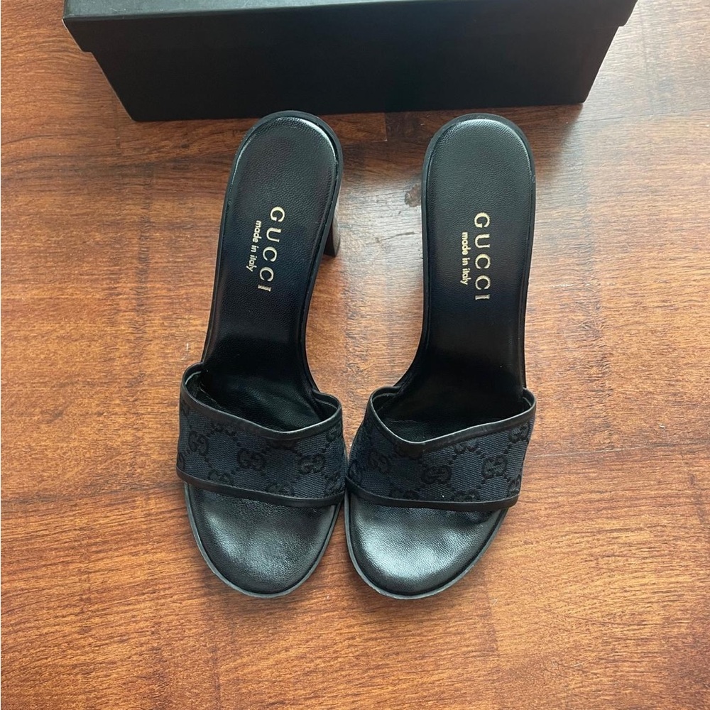 Gucci Black Heels / Sandals (Sandalo Suola Gomma Original GG/Cuoio Maide…